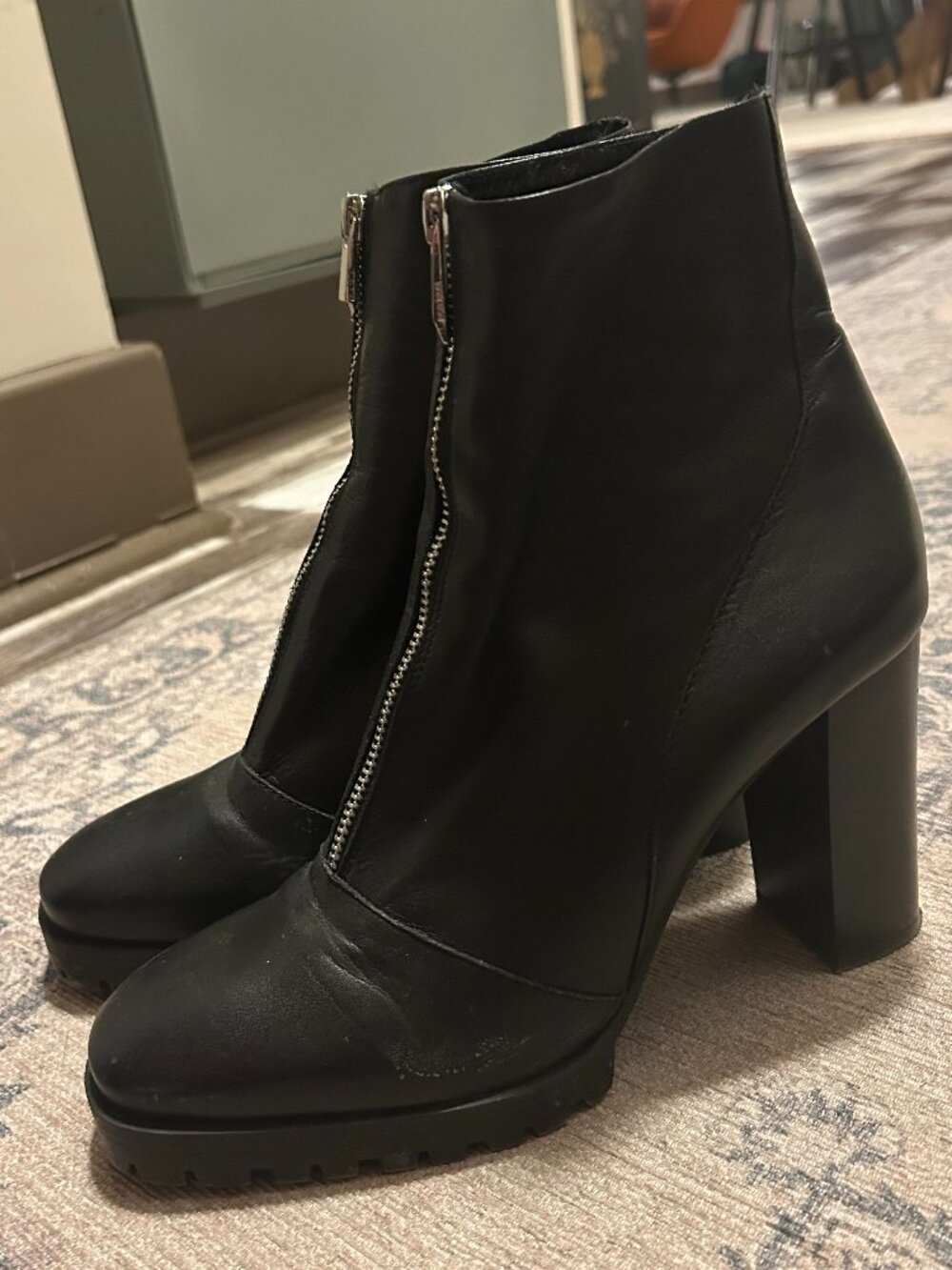 Zara Women's Black Leather Lug Sole Heeled Zip Ankle Boots